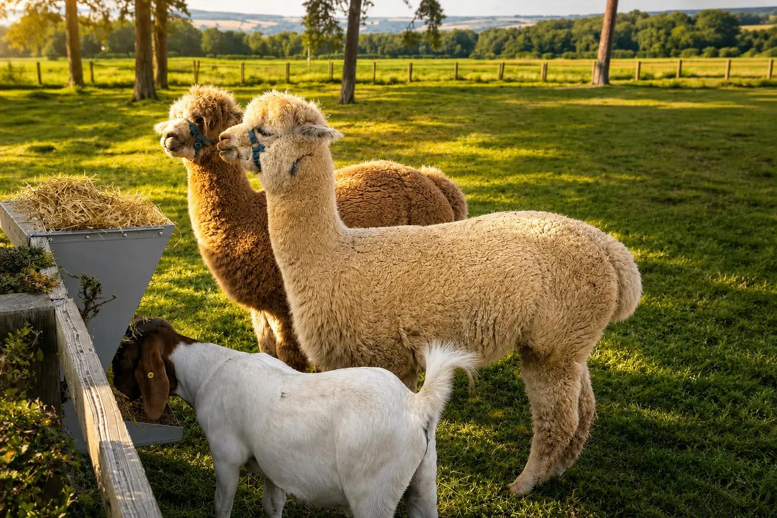 Alpacas and a goat at the feeder at Hartswood Holiday Park